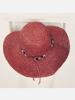 MAGID Hats Packable Rafia Wide Brim Beaded Trim Floppy Sun Hat in Rust